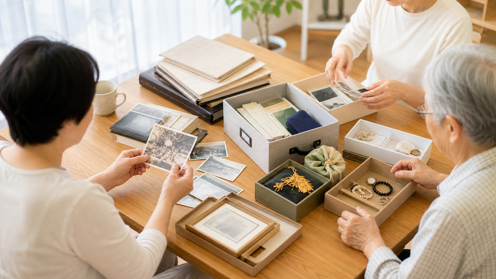 家族で写真や貴重品を確認しながら生前整理を進める様子