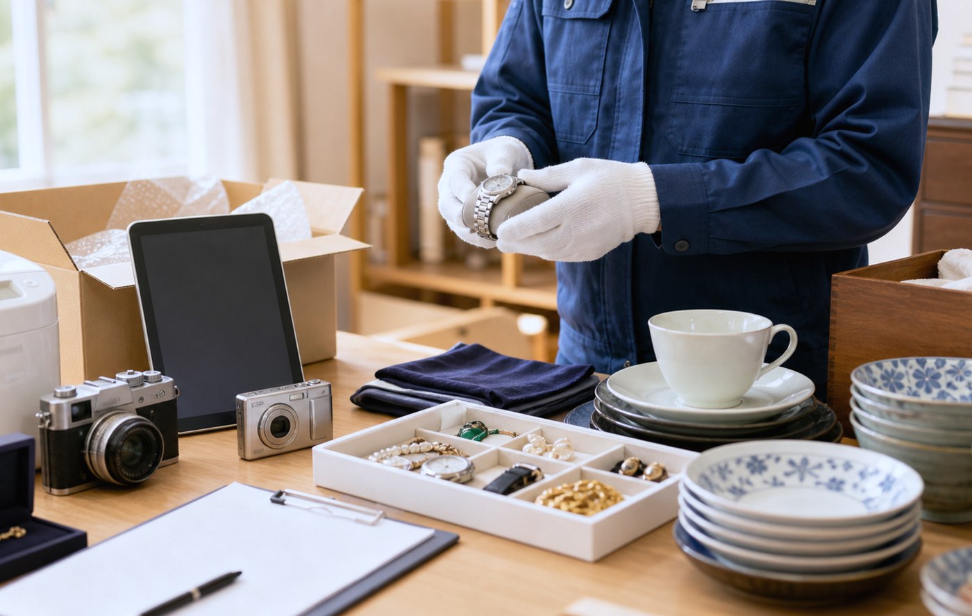 腕時計や食器、カメラなど、買取・リユースにつなげられる品物を確認する様子